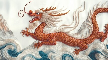 Obraz premium Intricate Embroidery of a Chinese Dragon in Vibrant Gold and Light Blue on a White Background
