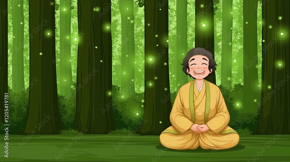 Poster meditation in the forest where qi energy flows through tall trees and tranquil surroundings
