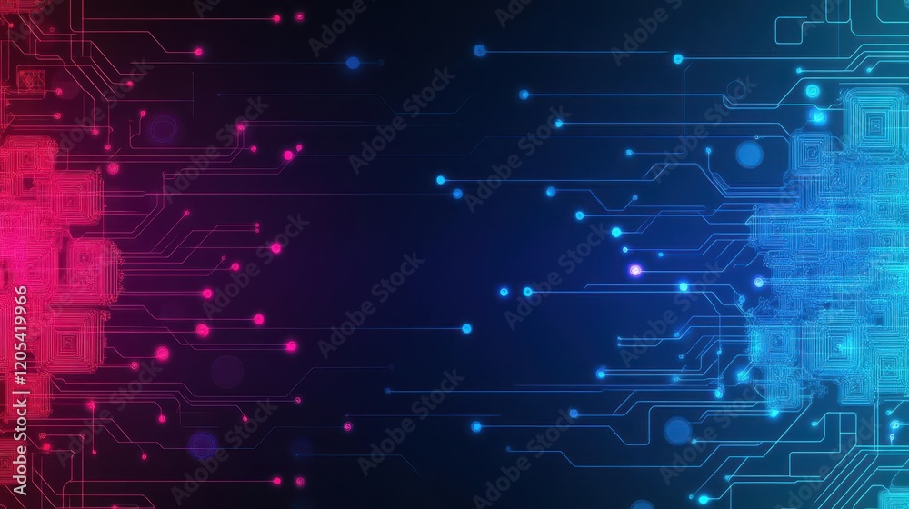 Poster Intricate Circuit Design with Vibrant Red and Blue Background Showcasing Modern Technology and Innovation in a Dynamic and Engaging Visual Composition