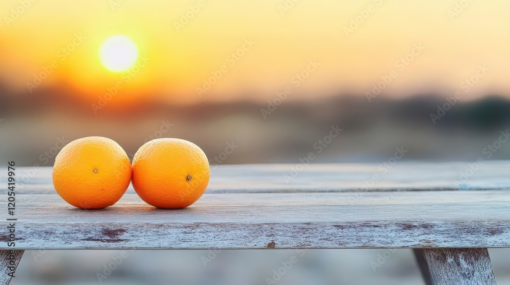 Aufkleber Two Fresh Oranges Resting on a Weathered Wooden Table Surrounded by Natural Light Evoking a Sense of Simplicity and Freshness in Everyday Life