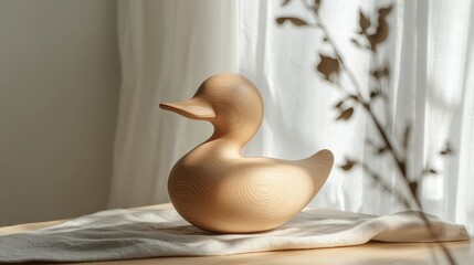 Minimalist duck toy crafted from smooth wood, featuring simple yet elegant design, styled in a natural light-filled play area