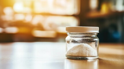 Small glass jar filled with fine white bone powder on a clean minimalist table, showcasing texture and simplicity. Minimalist and scientific concepts.