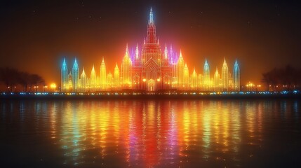 Obraz premium Illuminated Gothic Castle Reflecting in Water at Night