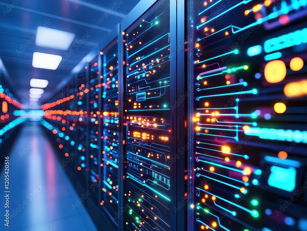 Poster High-Tech Server in Modern Server Room with Blinking Lights and Cables Creating a Dynamic and Efficient Digital Data Processing Environment