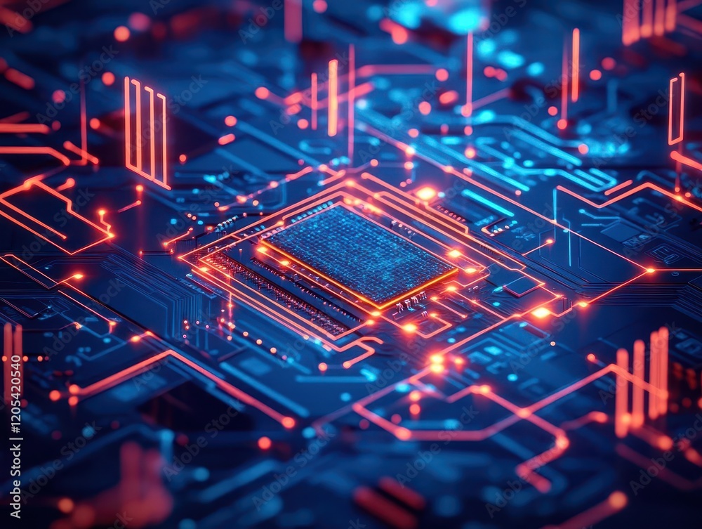 Poster Intricate Circuit Board Design Featuring Central Circuitry Highlighting Advanced Technology and Innovation in Electronics with a Focus on Connectivity