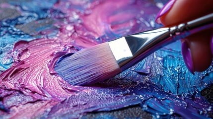 Fototapeta premium Close-up of Artist's Hand Applying Vibrant Purple and Blue Oil Paints to Palette, Rich in Texture and Color