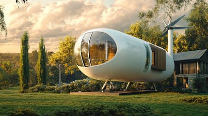 Eco Friendly Futuristic Dwelling Surrounded by Lush Greenery and Powered by Renewable Energy Sources