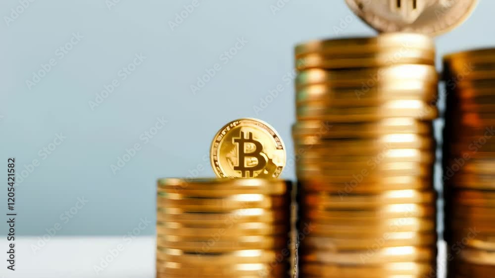 Poster stacks of gold coins forming an upward trend with a bitcoin on top, representing the rising value of