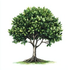 Lush Green Tree with Exposed Roots Watercolor Botanical Illustration Isolated on White Background