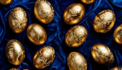 Obraz premium Decorated with a golden egg spring theme on a blue background