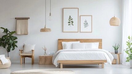 Fototapeta premium Minimalist home interior, showcasing a sleek bedroom design with uncluttered furniture, white walls, and natural light enhancing the modern aesthetic