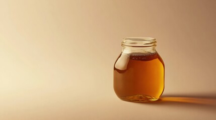 Minimalist honey jar photography, featuring a sleek glass jar of honey with simple, clean labels, placed on a neutral-toned background for a modern look