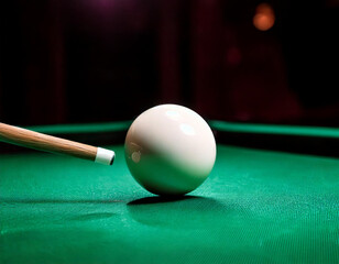 white snooker billiard ball getting hit by cue stick on green pool table