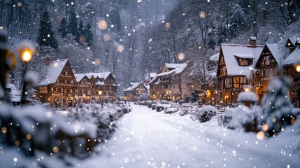 Snowy village scene with charming houses illuminated at night, surrounded by a winter landscape