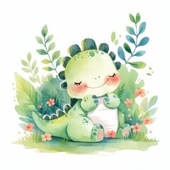 Adorable Watercolor Baby Dinosaur Resting in Lush Green Garden with Flowers