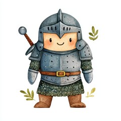 Fototapeta premium Adorable Cartoon Knight in Medieval Armor Watercolor Illustration Childish Fantasy Character