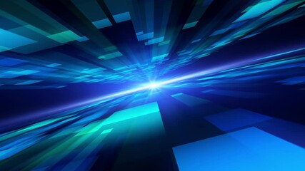 Abstract 3D illustration of a futuristic digital landscape with glowing blue and teal geometric shapes, creating a sense of speed and motion.