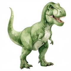 Naklejka premium Adorable Watercolor Tyrannosaurus Rex Dinosaur Illustration Childrens Book Green Prehistoric Reptile