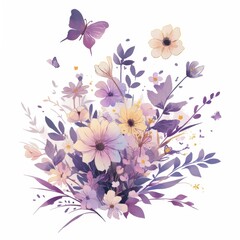 Obraz premium Watercolor Floral Bouquet with Butterflies Elegant Purple and Yellow Flowers Botanical Illustration