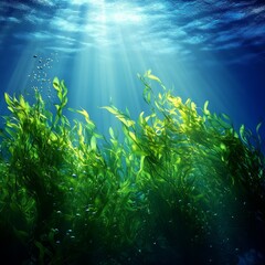 Fototapeta premium Underwater kelp forest scene with sunlight beams, bubbles, and small fish.