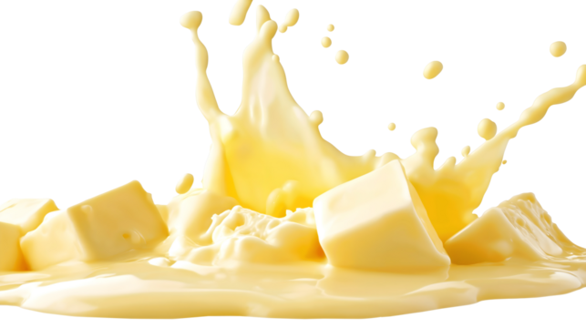 milk splashes with cubes of melting butter isolated png transparent cutout