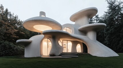 Minimalist mushroom house design featuring clean lines, smooth curves, and neutral tones, blending modern aesthetics with whimsical shapes