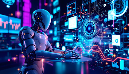 AI Robot Working on futuristic Data interface