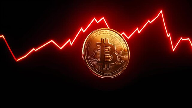 Golden bitcoin standing in front of a red graph showing negative financial performance, representing cryptocurrency investment risk and market volatility