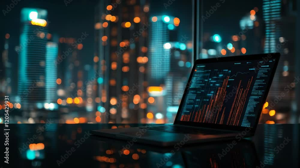 Poster open laptop showing cryptocurrency investment data and complex code on a desk, with a blurred citysc