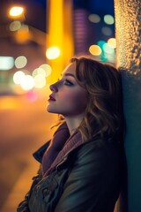 woman sitting against city lights at night, serene and contemplative mood