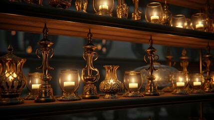 A photo of a shelf of decorative candle holders.
