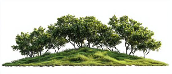 Green Island Oasis: A serene cluster of verdant trees forms a secluded haven on a grassy knoll, evoking a sense of peace and tranquility. The lush greenery provides a refreshing and calming visual.