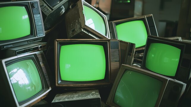 Stacked vintage televisions with green screens, symbolizing retro tech and nostalgia. Perfect for mockups, media history, and vintage-style entertainment themes.