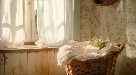 Cozy Laundry Room with Sunlit Basket and Floral Decor