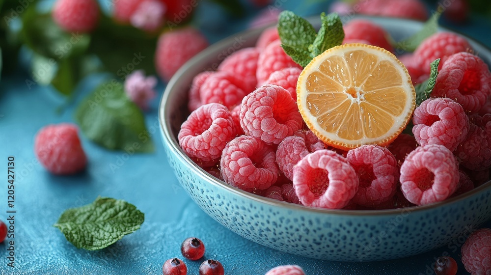 Poster Fresh raspberries in a bowl with a lemon slice