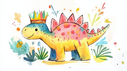 Fototapeta premium Colorful Cartoon Dinosaur with Crown Surrounded by Plants and Flowers