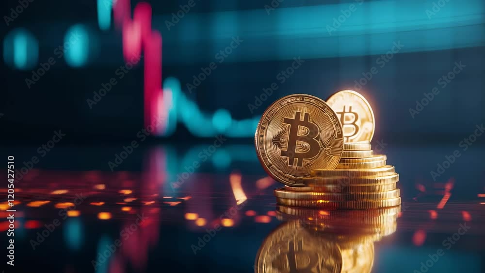 Poster stacking gold bitcoin coins on a reflective surface, featuring a blurred stock market chart in the b