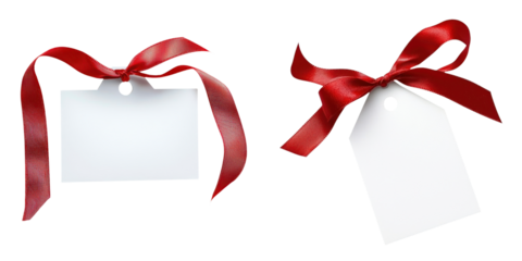 Two blank tags with red ribbons on a transparent background, ideal for gifts or labeling.