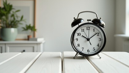 Classic black alarm clock on white wooden table with minimalist decor. AI Generation