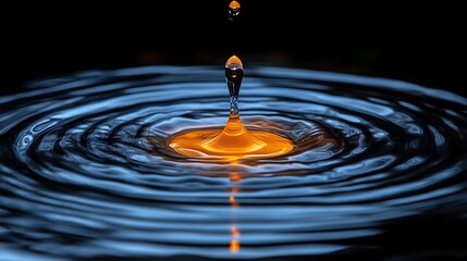 Golden Water Drop Impacting Dark Blue Water Surface