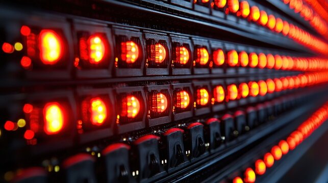Illuminated Server Rack with Red Indicator Lights: High-Activity Data Center