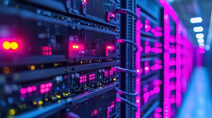 Futuristic Server Room with Pink and Purple Glowing Servers