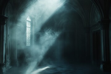 Sunbeam illuminates misty gothic hallway.
