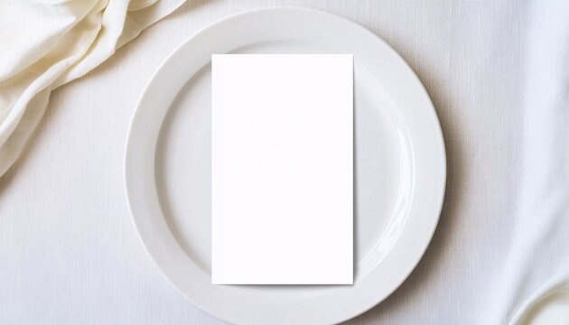 Elegant blank menu mockup perfectly centered on a pristine white plate showcasing a sophisticated dining concept and inviting culinary experience.