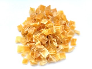 Pile of dried potatoes in little cubes.