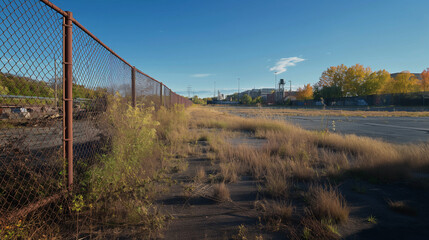 Fototapeta premium Rusty Fence and Overgrown Grass in an Abandoned Industrial Landscape