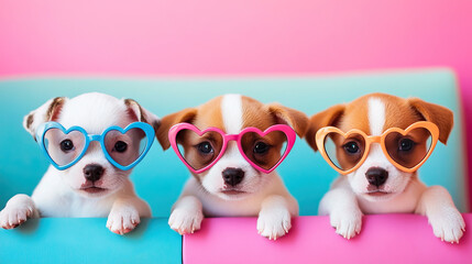 Obraz premium Adorable and Playful Puppies in Fun HeartShaped Glasses Against a Colorful Backdrop