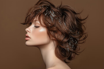 Fototapeta premium side profile of woman with short layered shaggy brown hair style and tiny pearl accents