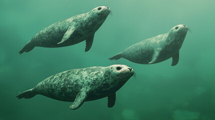 Naklejka premium Seals swimming gracefully underwater ocean environment marine wildlife photography tranquil aquatic viewpoint