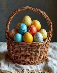 Colorful spring-themed eggs in a basket